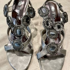 Beaded Heels Grey silver Two Lips pre-owned size 7 1/2 .